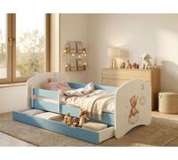 Ensemble complet de lit d'enfant 140 x 70 cm | Lit avec tiroir, matelas et barrière de sécurité | Lit bleu et blanc pour filles et garçons, avec ours en peluche