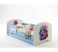 Ensemble complet de lit d'enfant 140 x 70 cm | Lit avec tiroir, matelas et barrière de sécurité | Lit bleu et blanc pour filles et garçons