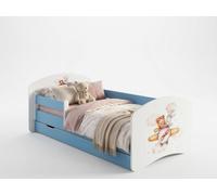 Ensemble complet de lit d'enfant 140 x 70 cm | Lit avec tiroir, matelas et barrière de sécurité | Lit bleu et blanc pour filles et garçons