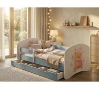 Ensemble complet de lit d'enfant 140 x 70 cm | Lit avec tiroir, matelas et barrière de sécurité | Lit bleu et blanc pour filles et garçons