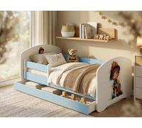 Ensemble complet de lit d'enfant 140 x 70 cm | Lit avec tiroir, matelas et barrière de sécurité | Lit bleu et blanc pour filles et garçons, thème pompier