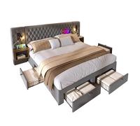 Ensemble complet de lit pour chambre à coucher, lit double rembourré, 160 x 200 cm, avec 2 tables de chevet et 4 tiroirs, tête de lit, lampe de lecture avec fonction de charge USB, beige