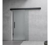 Ensemble complet de porte coulissante en verre, finition noire, effet satiné, avec système de fermeture douce. Type de poignée : poignée en barre. Dimensions : 77,5 x 205 cm. Distance de la paroi : 15