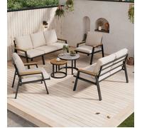 Ensemble Complet de Salon de Jardin: Canapé 3 Places, 2 Fauteuils, 2 Tables Basses avec Plateau Effet Marbre, Cadre Fer Galvanisé O.