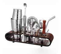Ensemble Complet De Shaker À Cocktail De 20 Pièces Avec Présentoir En Bois, Accessoires De Shaker En Acier Inoxydable, Kit De Préparation De Boissons Mixtes For Barmans Débutants Et Professionnels(Sil