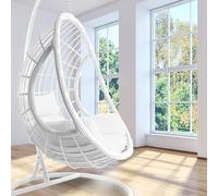 Ensemble complet : fauteuil suspendu blanc avec structure et coussin, fauteuil à bascule, rotin synthétique, mobilier de relaxation, ensemble de salon blanc
