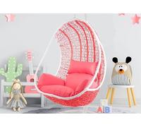 Ensemble complet : Fauteuil suspendu rose avec structure et coussin, en polyrotin, balancelle, style lounge, couleurs : blanc, corail