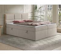 Ensemble complet literie déco tête de lit encadré bois + sommiers coffre + matelas + surmatelas - 160 x 200 cm - Tissu - Beige - SIAKI de YSMÉE