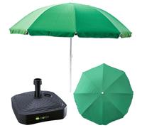 Ensemble complet parasol + pied de parasol pour le jardin Matériaux : polyester/acier/polypropylène Couleur : vert Grand format : D 240 cm, H 230 cm, carré Couleur du pied : anthracite, modèle tourist