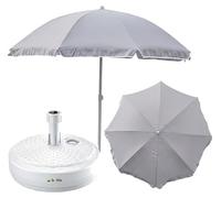 Ensemble complet parasol + pied de parasol pour le jardin Matériaux : polyester/acier/polypropylène Couleur : gris Grand format : D 240 cm, H 230 cm Pied rond Couleur : blanc, modèle touristique léger