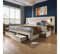 Ensemble complet pour chambre à coucher, lit rembourré double 180×200 cm avec 2 tables de chevet et 4 tiroirs, tête de lit avec lampe de lecture et fonction de recharge USB