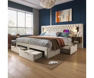 Ensemble complet pour chambre à coucher, lit rembourré double 180×200 cm avec 2 tables de chevet et 4 tiroirs, tête de lit avec lampe de lecture et fonction de recharge USB