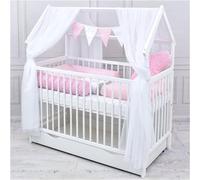Ensemble complet pour lit bébé : lit maison, dimensions 60x120 cm, blanc, avec tiroir, barrière de sécurité, matelas, linge de lit et ensemble de décoration (Princess Stars)