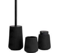 Ensemble complet pour salle de bains comprenant un porte-savon à trois compartiments, un porte-brosse à dents et un ensemble de brosses de toilettes, noir mat.
