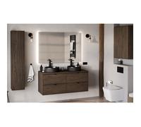 Ensemble complet Salle de Bain 120 cm + Plateau + Double Vasques Noires + Miroir + Colonne + 2 meubles hauts - Caldera Foncé