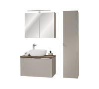 Ensemble complet Salle de Bain - Sous-vasque fermé 80cm + Vasque + Cabinet Miroir LED + Colonne - Taupe et chrome - Rosario