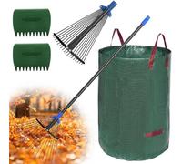 Ensemble complet Unyqoos® pour ramassage de feuilles : manche réglable de 76 à 183 cm, lames en métal, embouts de râteau de 20/43 cm, sacs de ramassage réutilisables de 32 litres et 2 pelles de jardin