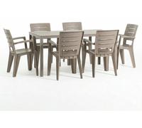 Ensemble composé d'une table et de 6 chaises de jardin, table rectangulaire 156 x 78 cm, structure en fer et chaises en plastique avec accoudoirs - Thomas+Anita/Champagne