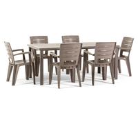 Ensemble composé d'une table et de 6 chaises de jardin, table rectangulaire 180 x 90 cm, structure en fer et chaises en plastique avec accoudoirs, empilables - Thomas+Anita/Taupe