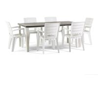 Ensemble composé d'une table et de 6 chaises de jardin, table rectangulaire 180 x 90 cm, structure en fer et chaises en plastique avec accoudoirs, empilables Thomas+Anita/Ardoise