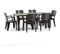 Ensemble composé d'une table et de 6 chaises de jardin, table rectangulaire 180 x 90 cm, structure en fer et chaises en plastique avec accoudoirs, empilables Thomas+Anita/Noir