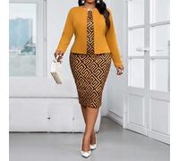 Ensemble coordonné tricoté élégant pour le bureau et les déplacements, manches longues, coloré, taille midi, grande taille, pour l'automne et l'hiver 0XL,1XL,2XL,3XL,4XL,5XLGéométrique,Tout ImpriméTis