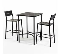 Ensemble d’extérieur DANTE & BEATRICE avec table 70x70 cm et 2 tabourets hauts, structure en acier et assises effet bois
