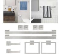 Ensemble d'accessoires de salle de bain - 10 pièces - Acier inoxydable argenté - Montage mural - Design moderne