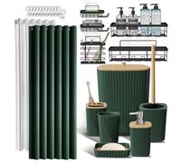 Ensemble d'accessoires de Salle de Bain 25 pièces avec étagère de Douche pour Rangement de Salle de Bain, Ensemble de Rideau de Douche Vert, Brosse WC, Poubelle, Distributeur de Savon, Porte-Brosse à