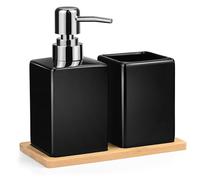 Ensemble d'accessoires de salle de bain 3 pièces en céramique avec distributeur de savon + porte-brosse à dents + plateau en bambou contemporain pour salle de bain, lavabo, baignoire, noir