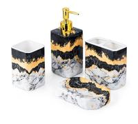 Ensemble d'accessoires de Salle de Bain 4 pièces avec Distributeur de Lotion, Porte-Brosse à Dents, gobelet et Porte-Savon - Finition Brillante (marbre, Noir et Blanc)