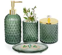Ensemble d'accessoires de Salle de Bain 4 pièces en Verre Vert Sauge avec Distributeur de Savon Lotion, Support de Brosse à Dents, Porte-Savon, Ensemble de décoration de Salle de Bain doré, Cadeau