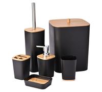 Ensemble d'accessoires de salle de bain - 6 pièces - PP et ABS - Noir et aspect bois - Distributeur de lotion, porte-brosse à dents, gobelet, porte-savon, brosse WC, poubelle