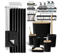 Ensemble d'accessoires de Salle de Bain avec Tapis de Bain, Ensemble d'accessoires de Salle de Bain 27 pièces avec paniers de Douche, Tapis de Bain Noirs, Ensemble de Rideau de Douche, Brosse de