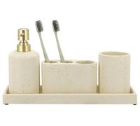 Ensemble d'accessoires de salle de bain beige, comprenant 4 pièces : porte-brosse à dents, distributeur de savon, tiroir de rangement et gobelet de salle de bain