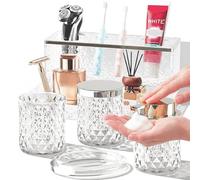 Ensemble d'accessoires de Salle de Bain en Verre 5 pièces, Distributeur de Savon moussant Transparent, Porte-Savon, Tasse, Pot Qtip en Cristal, Support de Brosse à Dents en Acrylique avec Plateau