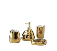 Ensemble D'Accessoires De Salle De Bain Ensemble Complet d'accessoires de Salle Bain en céramique, avec Distributeur Savon, gobelet, Porte-Brosse à Dents et Organisateur Vaisselle(Gold 4Pcs)