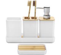 Ensemble d'accessoires de salle de bain Ibenzoa® composé de 5 pièces : distributeur de savon, porte-brosses à dents, gobelet, savonnette et plateau à maquillage, en bambou et plastique PS, style bohèm