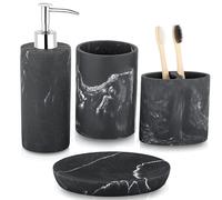 Ensemble d'accessoires de salle de bain imitation marbre - 4 pièces comprenant un distributeur de savon, un porte-brosse à dents, un gobelet et un récipient à savon - Noir