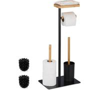 Ensemble d'accessoires de salle de bain - Porte-rouleau de papier toilette - Brosse WC - Rangement à rouleaux de papier toilette et étagère - Bambou et fer - Noir - Naturel