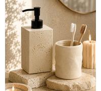Ensemble d'accessoires de salle de bain style Wabi-Sabi avec texture de pierre creuse printanière, distributeur de savon liquide et gobelet à brosse à dents, décoration de comptoir en texture de pierr