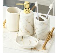 Ensemble d'accessoires de salle de bain, un ensemble d'accessoires de salle de bain en céramique 4 pièces comprenant une bouteille de lotion, 2 gobelets à bain de bouche et un porte-savon. Convient po