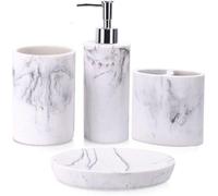 Ensemble d'accessoires de salle de bains en marbre comprenant un distributeur de savon, un porte-brosses à dents, un porte-savon et un gobelet de lavabo