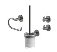 Ensemble d'accessoires de salle de bains SIVO en graphite – 4 pièces – Porte-papier hygiénique, ensemble brosse de toilettes et deux crochets pour serviettes – À coller ou à visser – Avec surface anti