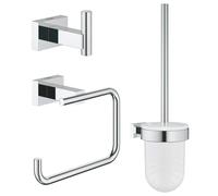 Ensemble d'accessoires pour WC 3-en-1, modèle Cube City, forme carrée, couleur argent, matériaux : métal et verre