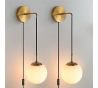 Ensemble d'appliques murales à deux prises avec interrupteur à cordon enfichable, lampes murales d'intérieur suspendues avec abat-jour en verre globe, luminaire mural noir et doré pour chambre à couch