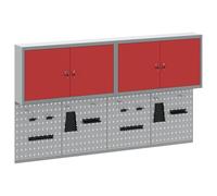 Ensemble d'armoires à outils 6 pièces rouge avec panneau perforé | Acier enduit poudre, finition grise, montage mural, étagères métal, atelier, garage, bricolage
