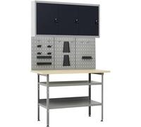 Ensemble d'atelier comprenant un établi avec 3 panneaux de rangement et 1 armoire murale, capable de supporter une charge de 300 kg. L'établi, d'une largeur de 120 cm, est réglable en hauteur et est f