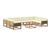 Ensemble de 10 canapés de jardin en bois d'acacia massif de couleur crème et naturel avec dossier à piquets et sommier à lattes fixes pour jardin et terrasse.