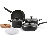 Ensemble de 10 pièces de batterie de cuisine Amazon Basics, en aluminium anodisé, antiadhésif et empilable, comprenant des casseroles et des poêles, idéal pour optimiser l'espace, de couleur noire